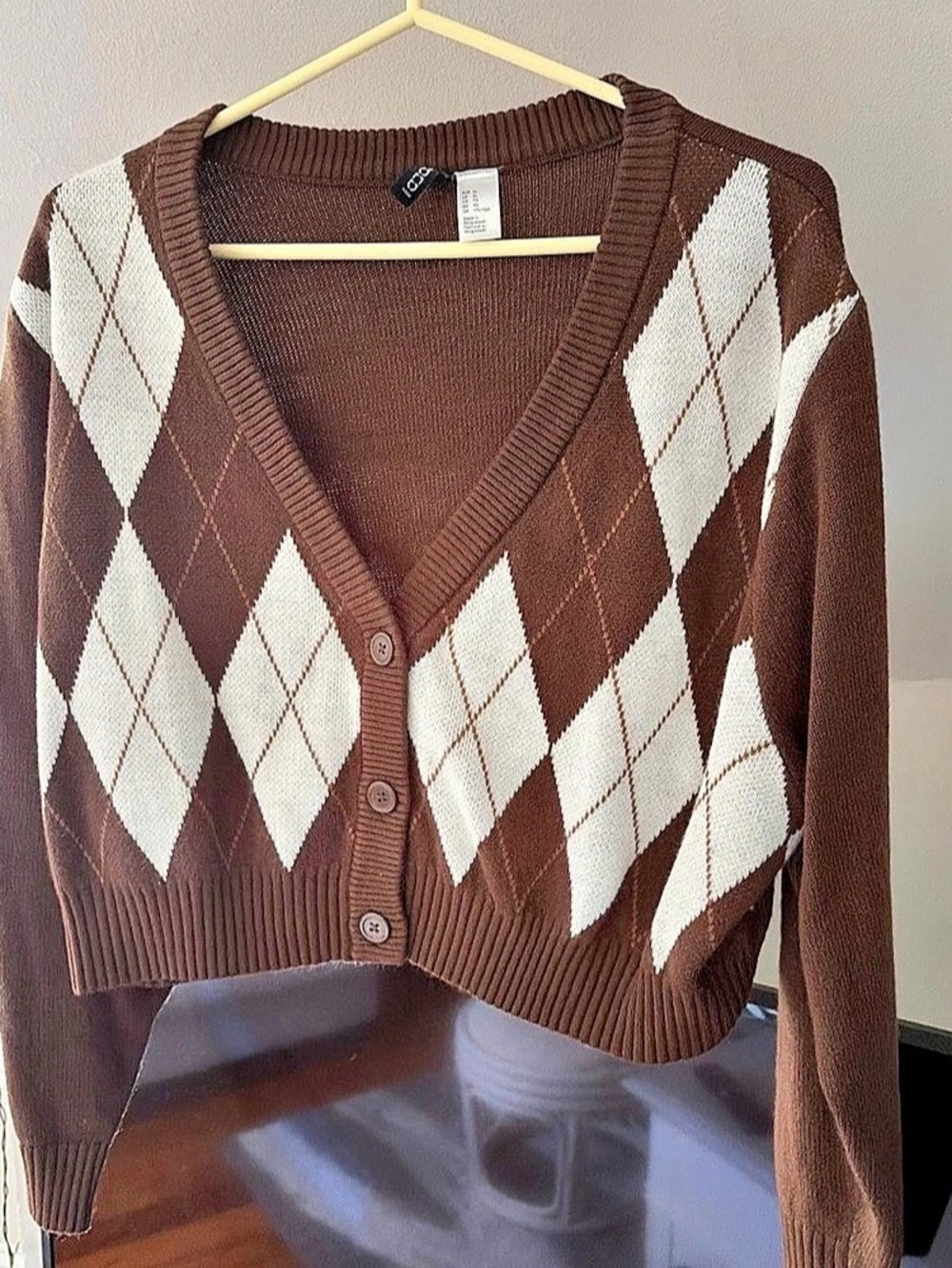 H&M Brown Argyle Cropped Cardigan Sweater